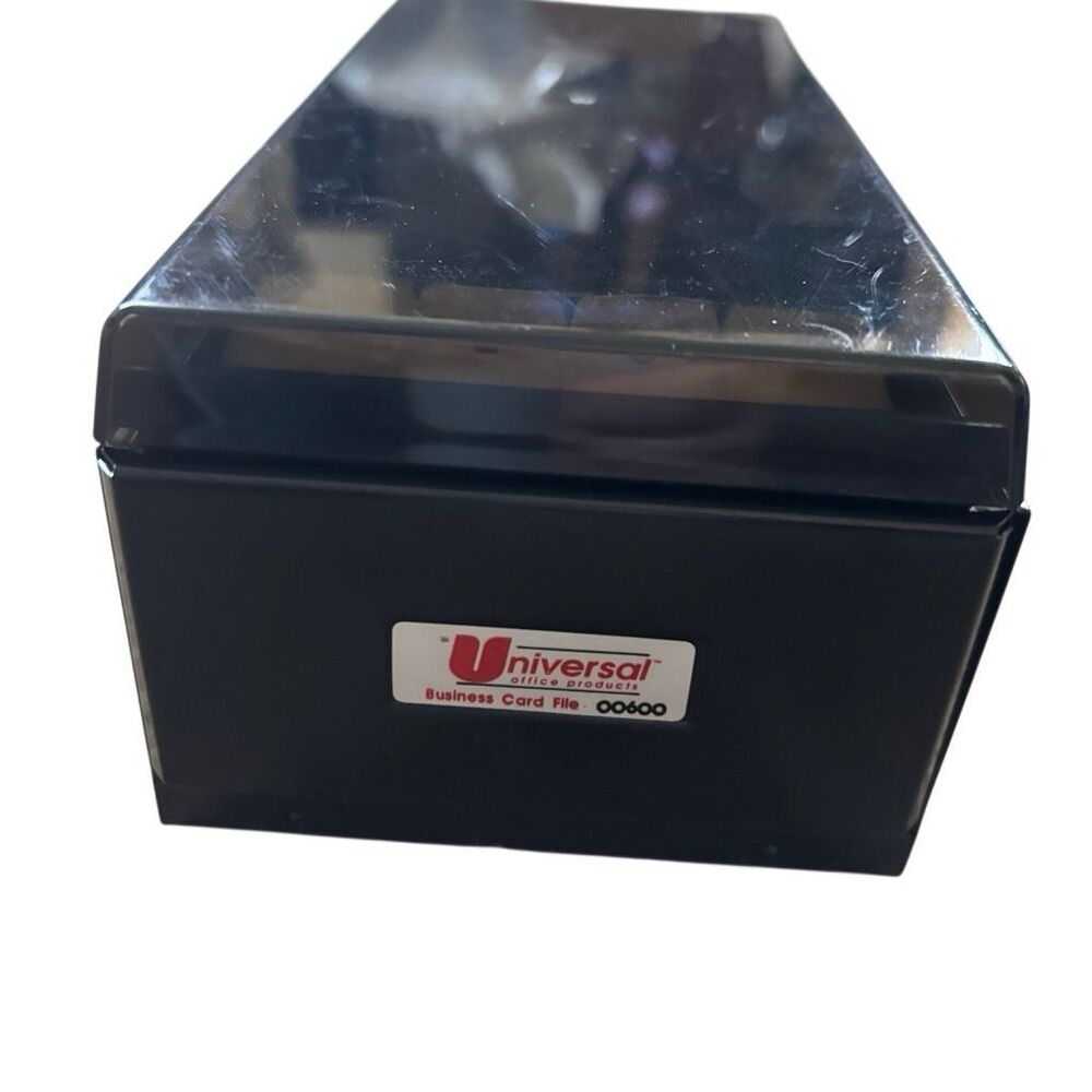 Vintage Universal Business Card File Organizer Box Black Metal Woodgrain 00600